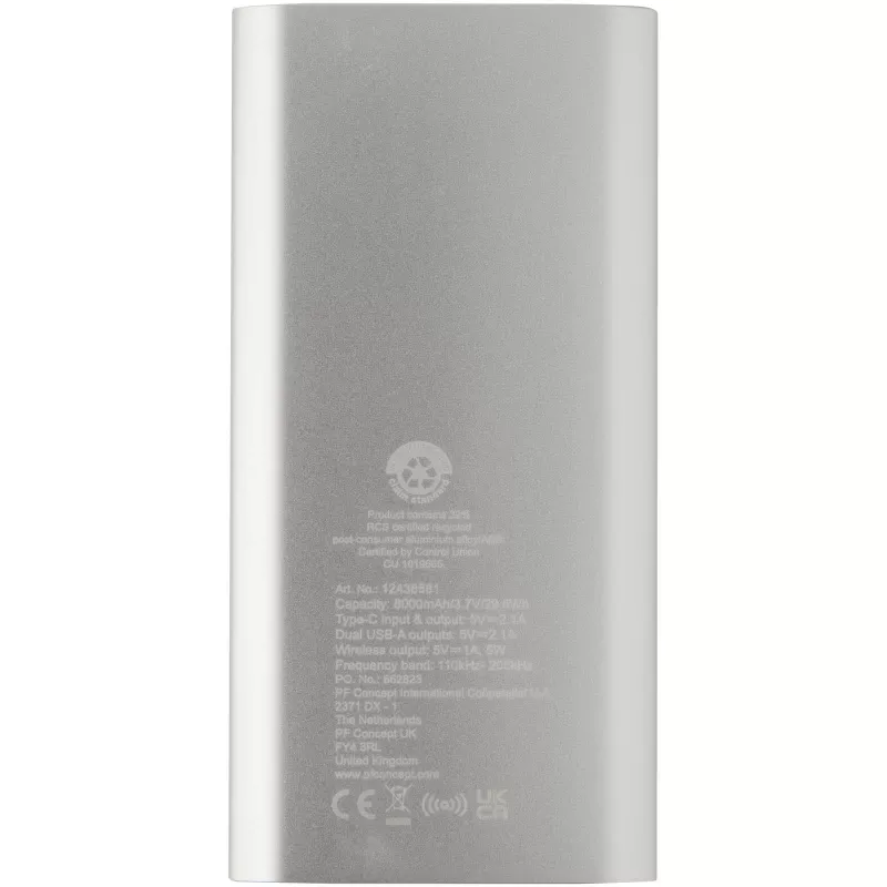 Juice bezprzewodowy powerbank o pojemności 8000 mAh Type-C z aluminium pochodzącego z recyklingu - Srebrny (12438581)