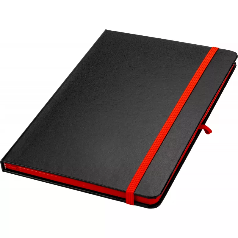 Czarny notes A5 z czerwoną gumką i zakładką, krawędzie kartek czerwone