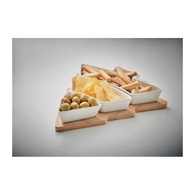Taca bambusowa z 3 naczyniami ceramicznymi VIRAM - Bialy (CX1502-06)