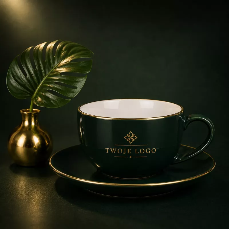 Filiżanka porcelanowa ze spodkiem Sonata Premium (220 ml) - zielono-biała (C/254-ZIELONA)