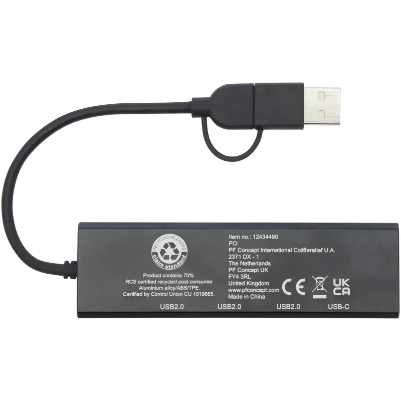 Rise hub USB 2.0 z aluminium pochodzącego z recyklingu z certyfikatem RCS - Czarny (12434490)