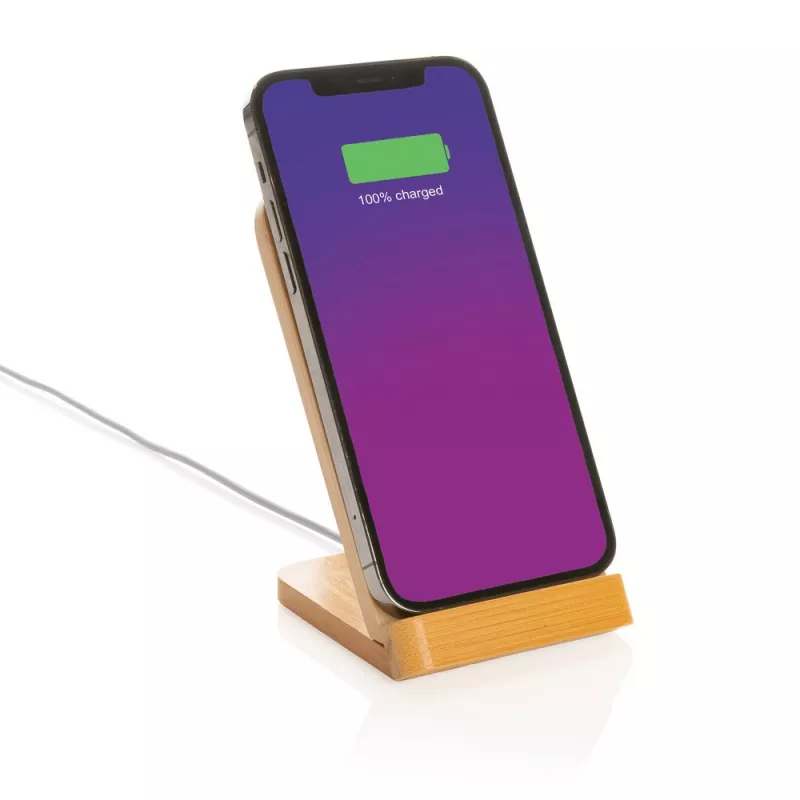 Bambusowa ładowarka bezprzewodowa 5W, stojak na telefon - brązowy (P308.359)