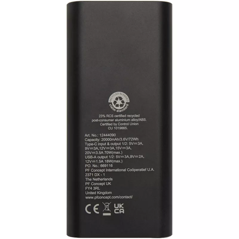 Acamar powerbank do laptopa o pojemności 20 000 mAh i mocy 70 W z aluminium z recyklingu - Czarny (12444090)