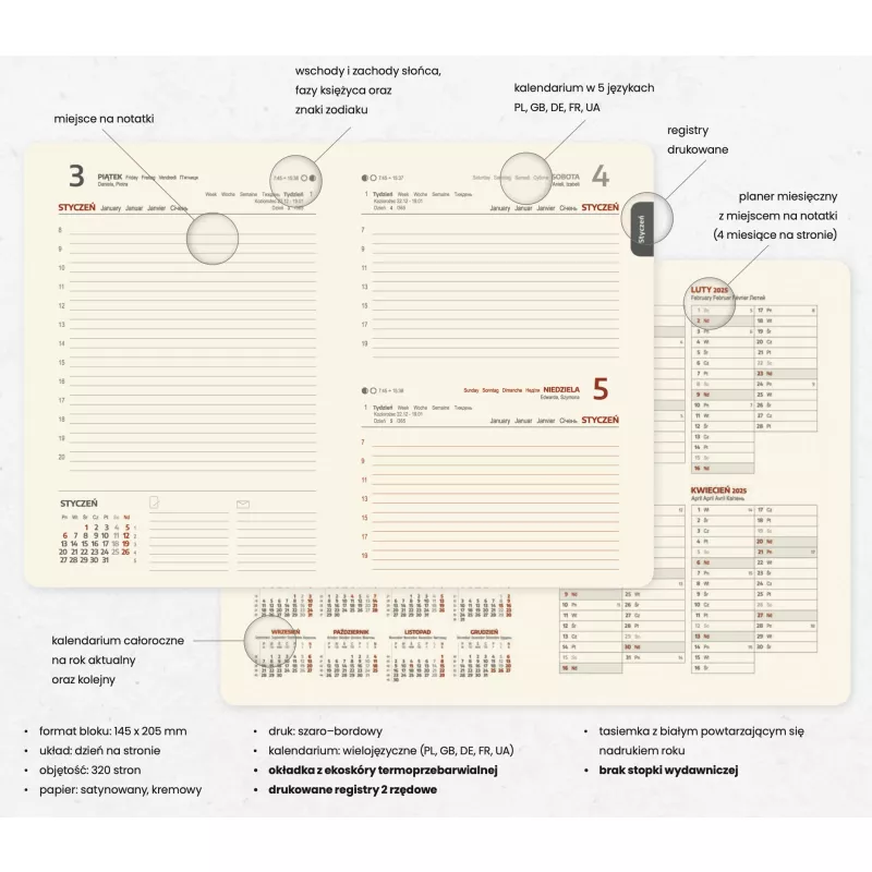 Kalendarz książkowy A5 DZIENNY, registry drukowane - KK4 Popielaty (A5-DZ/a-KK4)