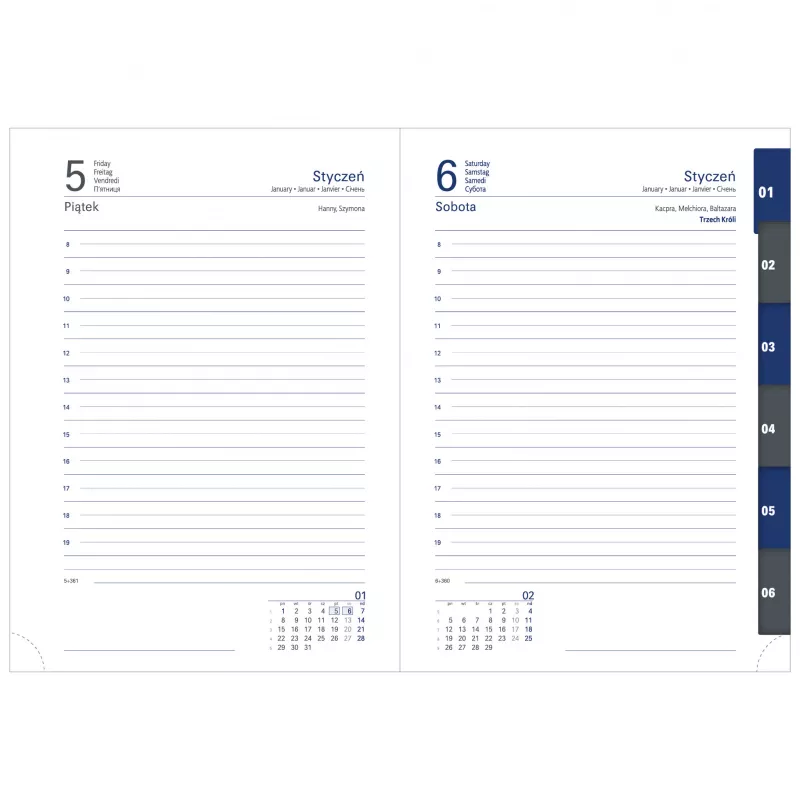 Kalendarz książkowy A5, dzienny, z registrami NEVRO - różne kolory (KK-VCN-425RD)