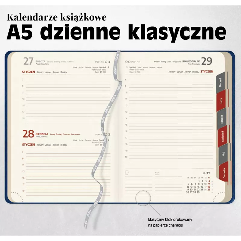 Kalendarz książkowy A5 dzienny, z registrami - cena E - różne kolory (A5-DZ-KK-E)