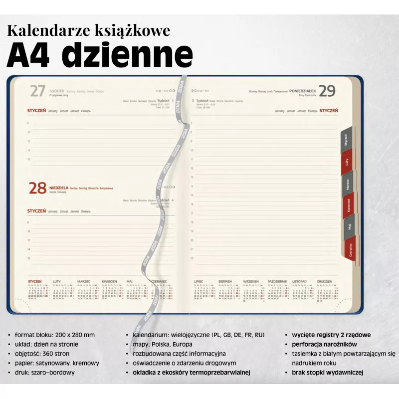 Kalendarz książkowy A4 DZIENNY, z registrami - różne kolory (A4-DZ-KK)