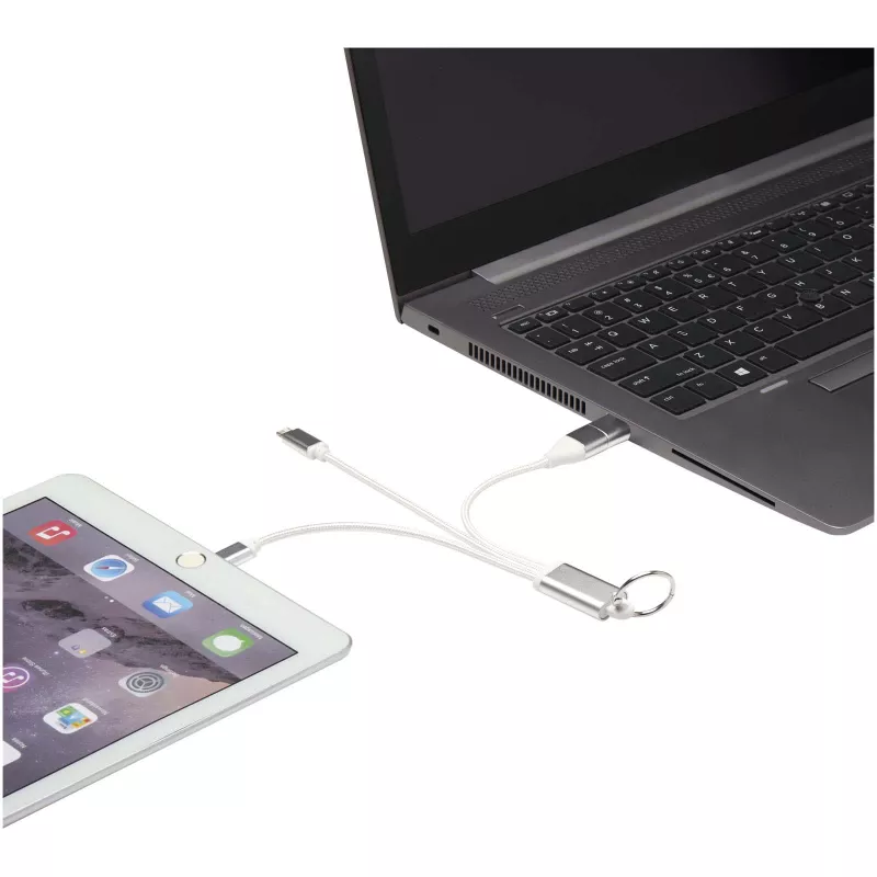 Metal kabel do ładowania 4 w 1 z aluminium z recyklingu z łańcuchem do kluczy - Srebrny (12438281)