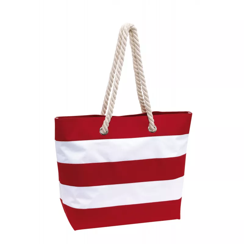 Czerwono-biała torba plażowa w paski z własnym nadrukiem reklamowym