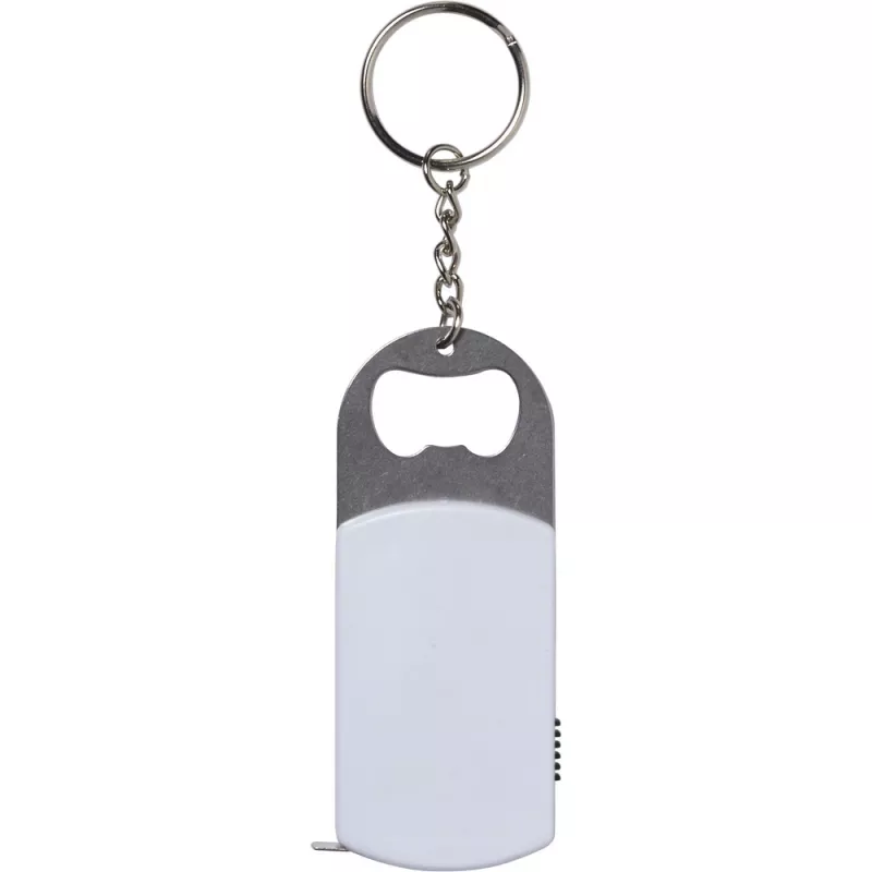 Brelok do kluczy, lampka LED, otwieracz do butelek, miara 1m - biały (V9458-02)