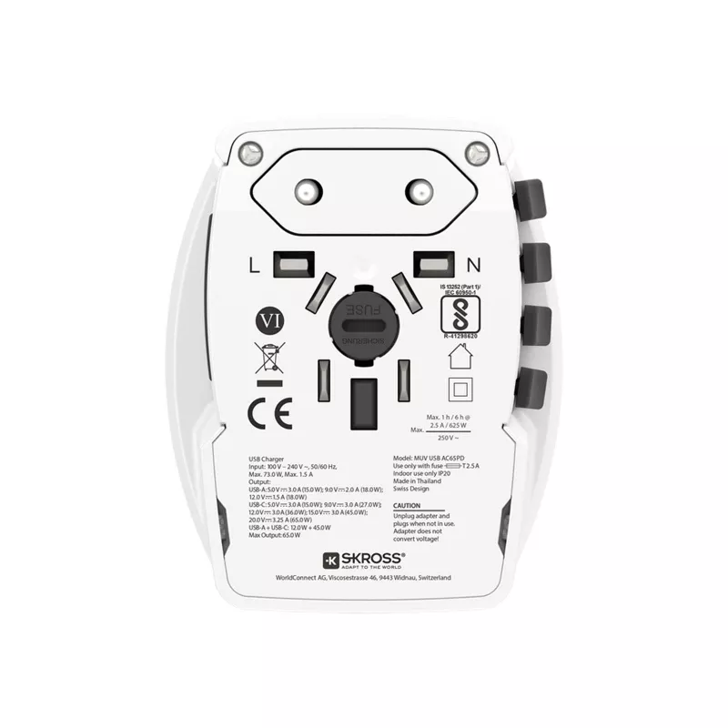 SKROSS® MUV AC65PD – uniwersalna przejściówka z kablem USB-C  - Biały (12462001)