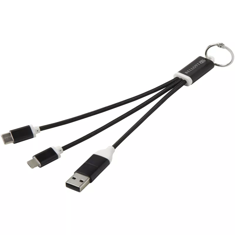 Metal kabel do ładowania 4 w 1 z aluminium z recyklingu z łańcuchem do kluczy - Czarny (12438290)