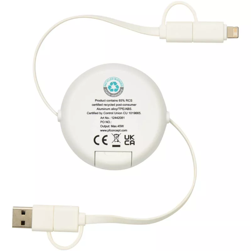 Alasia zwijany kabel do synchronizacji danych i szybkiego ładowania 5 w 1 45 W o długości 100 cm z tworzyw sztucznych i aluminium pochodzących z recyklingu - Srebrny (12442081)