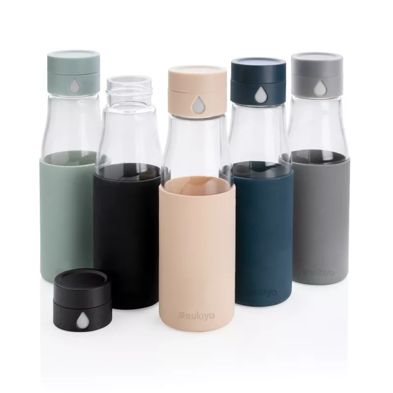 Butelka szklana Ukiyo, monitorująca ilość wypitej wody 650 ml - czarny (P436.721)