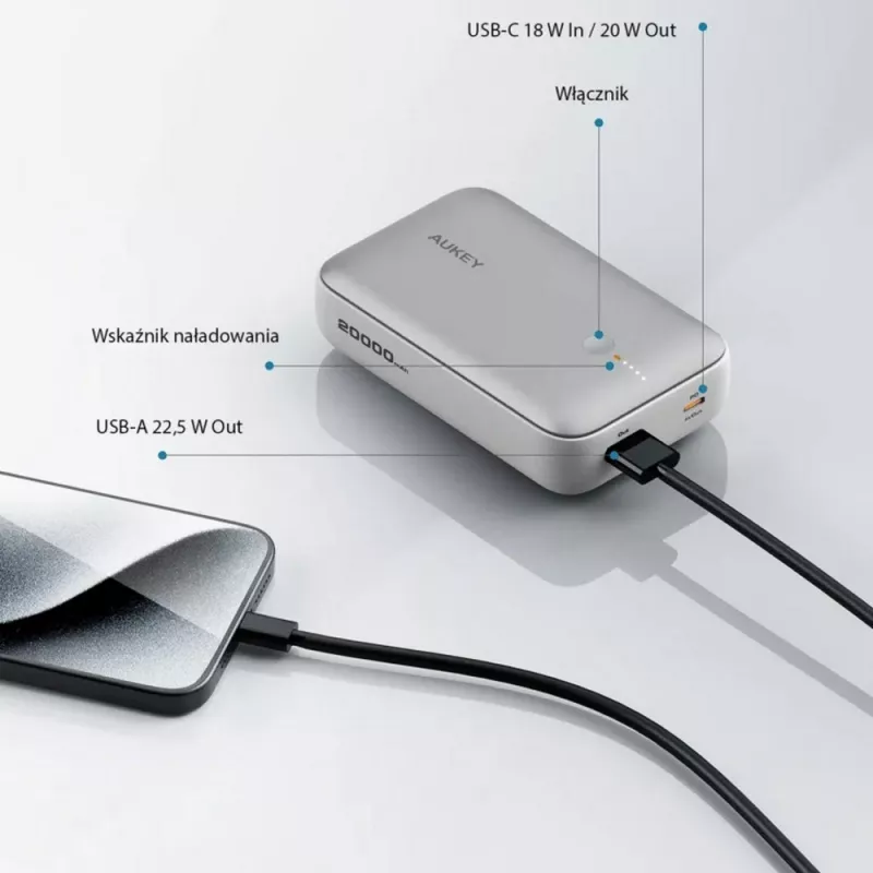 Power bank 20000 mAh Aukey - srebrny (VAM14-32)