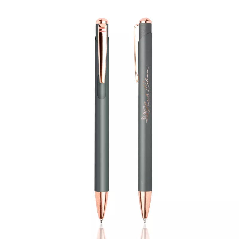 Długopis metalowy z dodatkami w kolorze różowego złota - Ciemno szary (IP13150596)