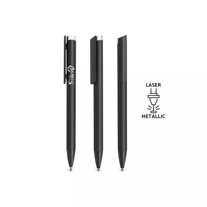 Czarny długopis metalowy z szarym przyciskiem