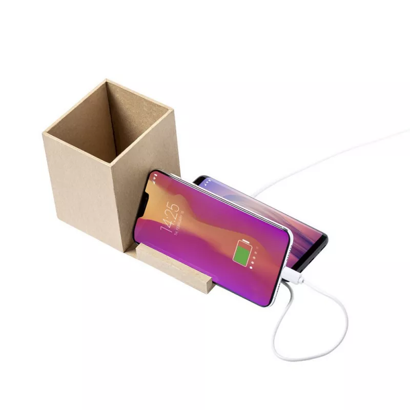 Składana ładowarka bezprzewodowa 5W z kartonu z recyklingu, hub USB 2.0, pojemnik na przybory do pisania, stojak na telefon - neutralny (V0178-00)