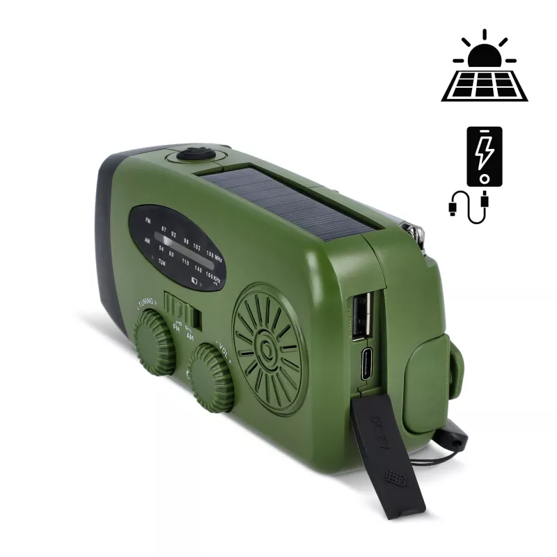 SafeSound Radio awaryjne zasilane energią słoneczną i korbką - ciemnozielony (LT95607-N0030)