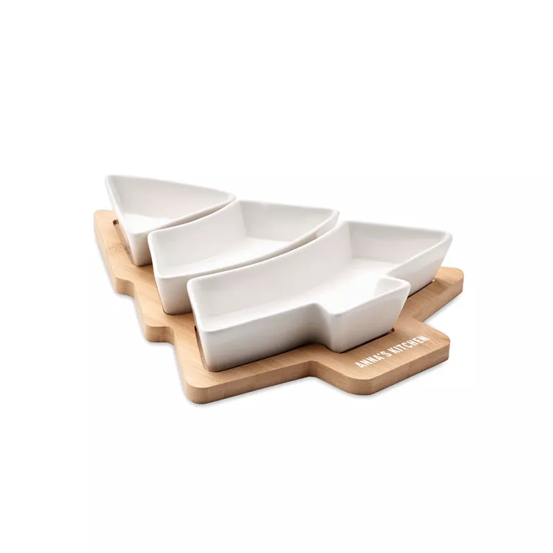 Taca bambusowa z 3 naczyniami ceramicznymi VIRAM - Bialy (CX1502-06)