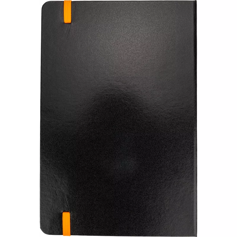 Czarny notes A5 z pomarańczową gumką i zakładką, krawędzie kartek pomarańczowe
