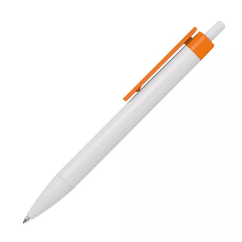 Biały długopis reklamowy z pomarańczowym klipem idealny pod nadruk