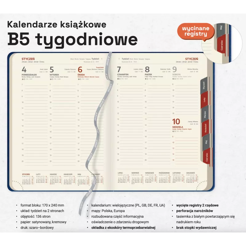 Kalendarz książkowy B5 TYGODNIOWY z registrami - Czarny z czerwonym (B5-TYG-KK43)