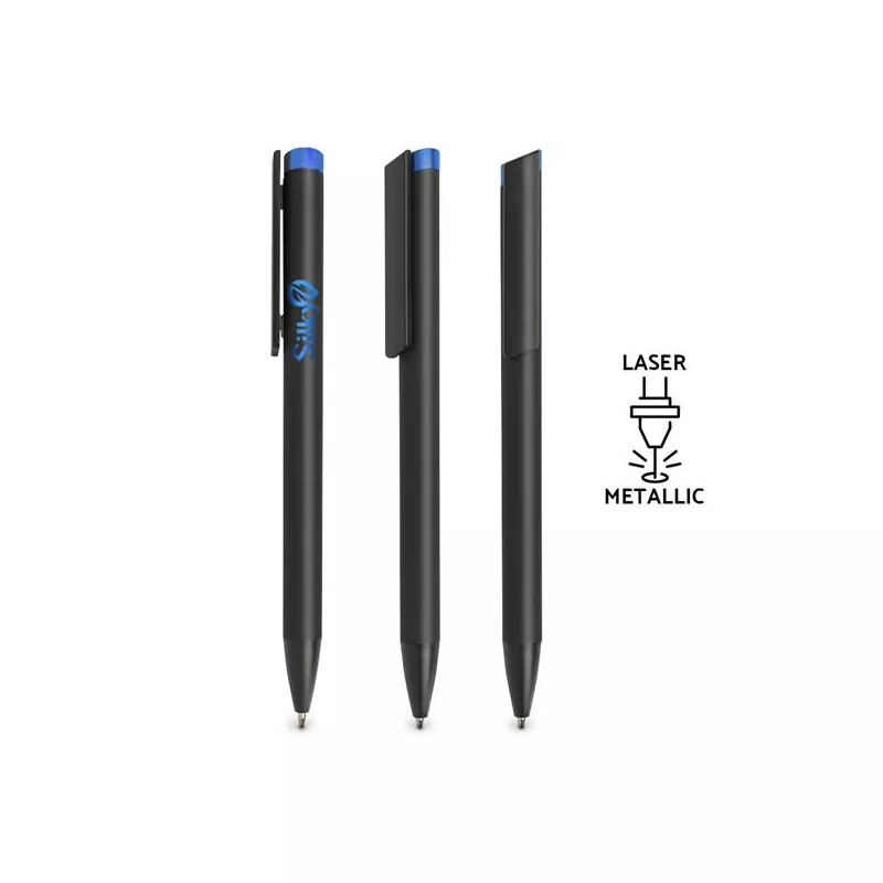Czarny długopis metalowy z niebieskim przyciskiem