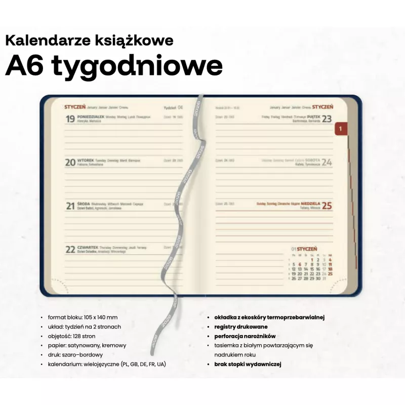 Kalendarz książkowy A6 TYGODNIOWY registry drukowane - Szaro-granatowy (A6-TYG-KK60)