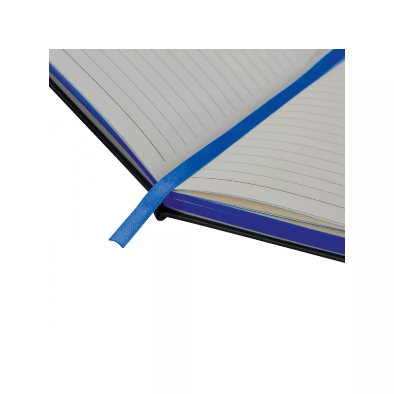 Czarny notes A5 z niebieską gumką i zakładką, krawędzie kartek niebieskie