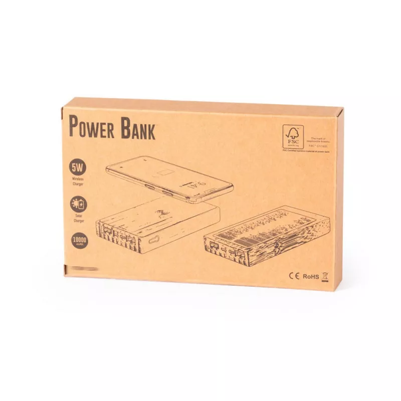 Bambusowy bezprzewodowy power bank 10000 mAh, ładowarka bezprzewodowa 5W, ładowarka słoneczna - brązowy (V8335-16)