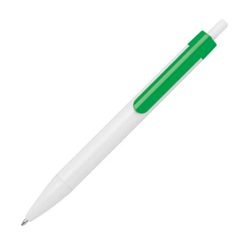 Biały długopis reklamowy z zielonym klipem idealny pod nadruk