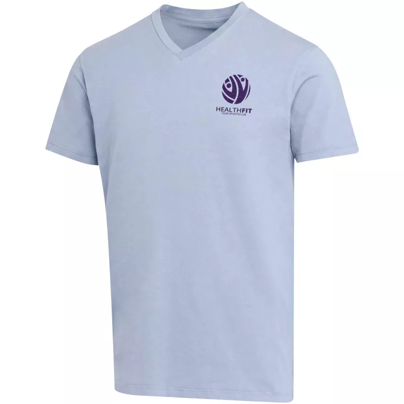 Balfour organiczna koszulka unisex z krótkim rękawem i dekoltem w serek, wykonana z materiału o gramaturze 200 g/m², z certyf - Niebieski mgła (39665-MISTBLUE)