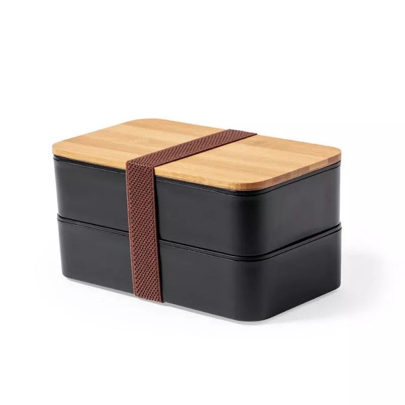 Pudełka śniadaniowe 2 szt., 2x700 ml, bambusowe wieczko, sztućce - czarny (V8217-03)