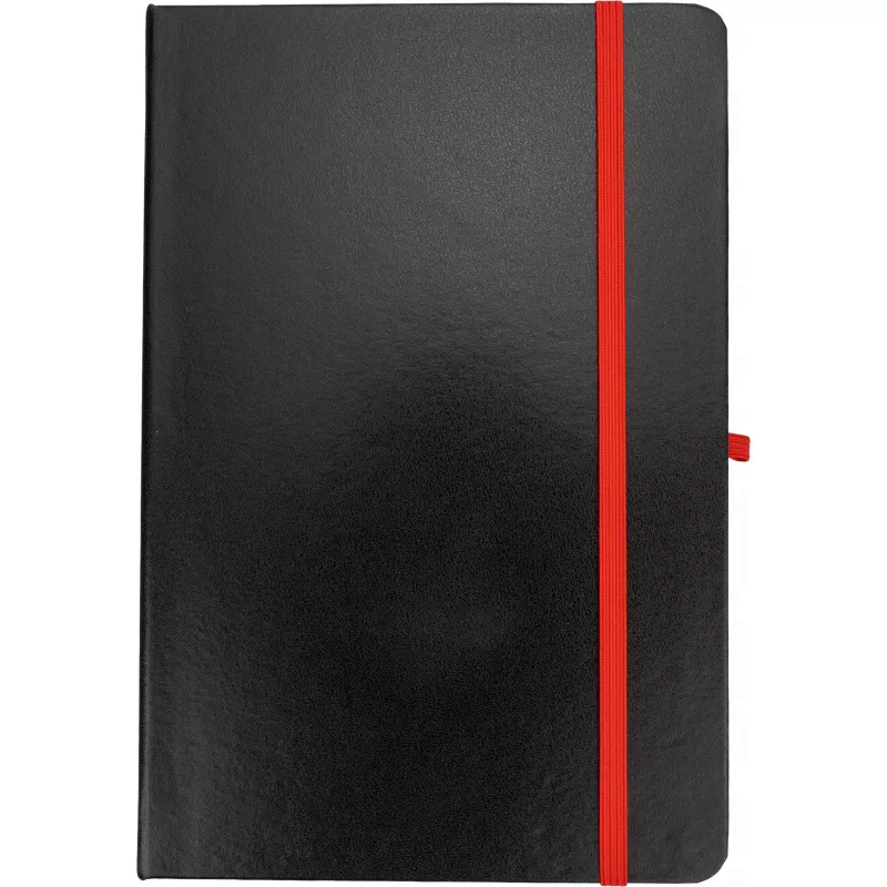 Czarny notes A5 z czerwoną gumką i zakładką, krawędzie kartek czerwone