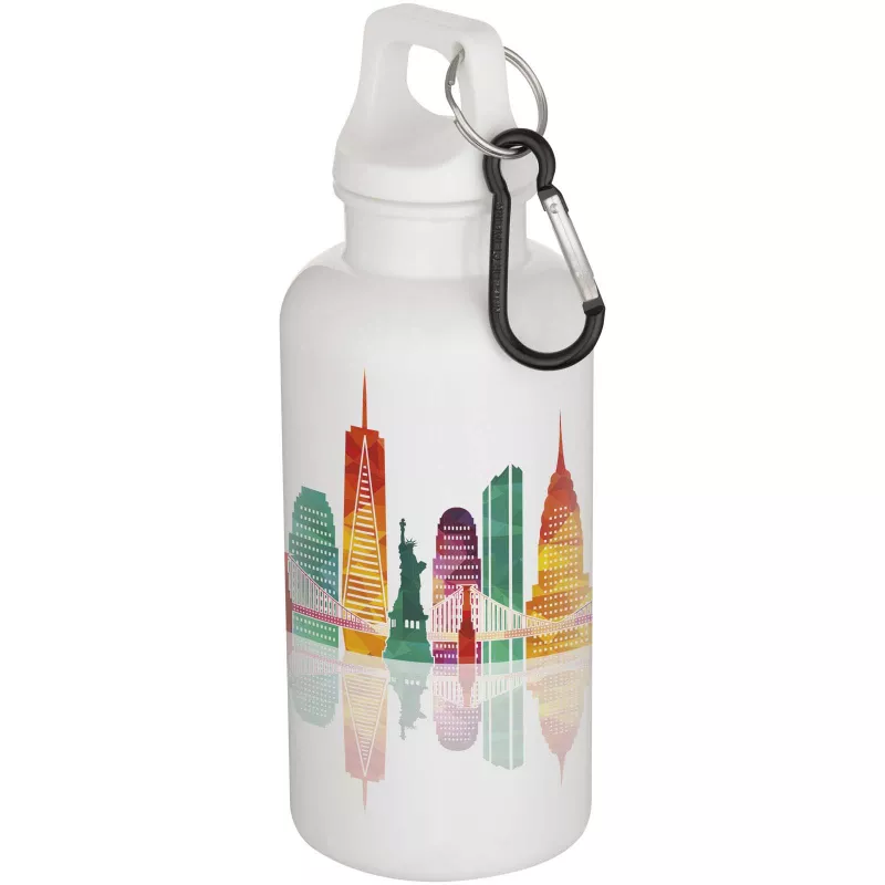 Oregon butelka na wodę o pojemności 400 ml z w jednolitym kolorze z karabińczykiem, wykonana z tworzyw sztucznych pochodzących z recyklingu z certyfikatem RCS  - Biały (10086301)