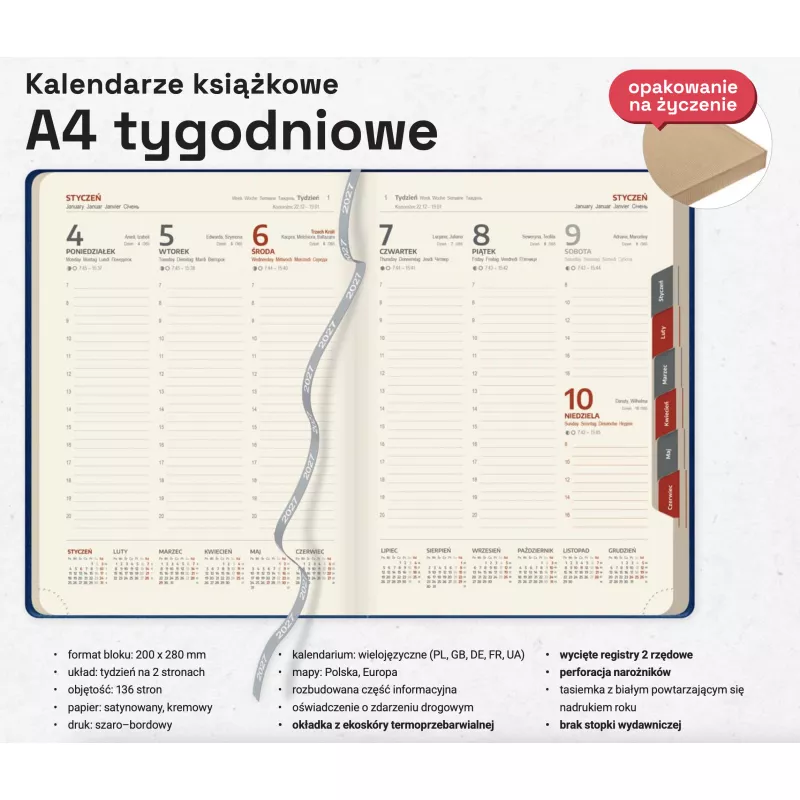 Kalendarz książkowy A4 TYGODNIOWY z registrami - Czarny z czerwonym (A4-TYG-KK55)