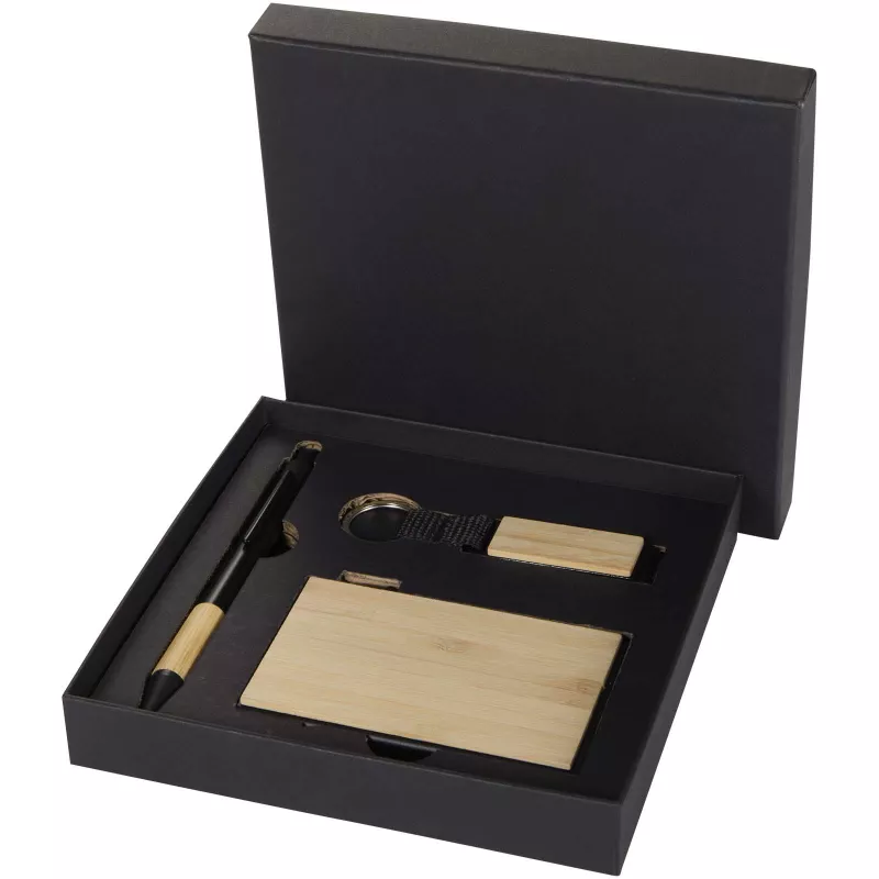 Minka zestaw upominkowy zawierający długopis wykonany z aluminium z recyklingu z certyfikatem RCS, łańcuch do kluczy oraz ramka na kartę RFID - Czarny-Piasek pustyni (10633706)