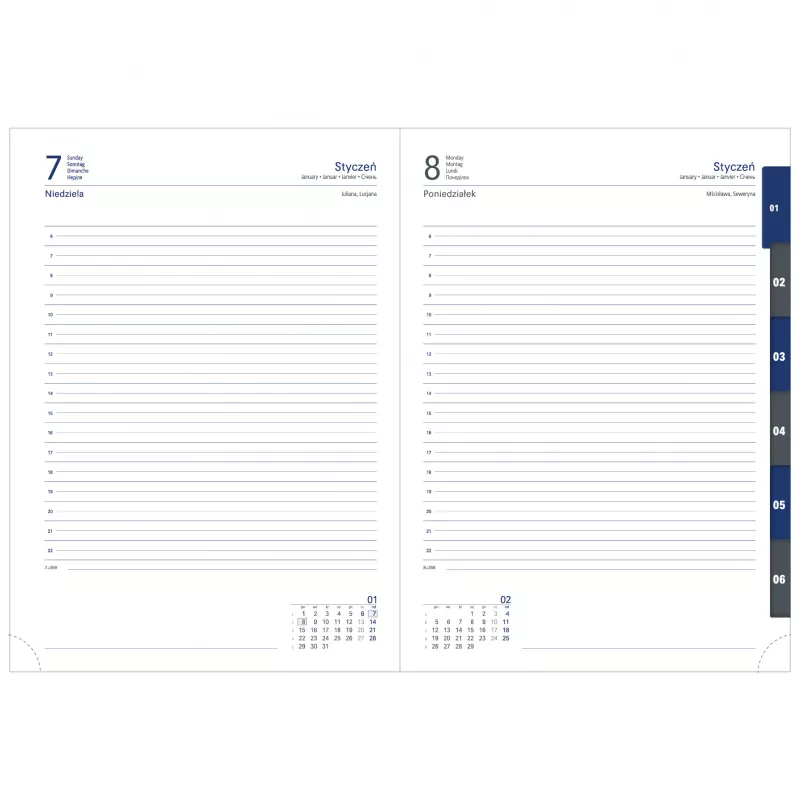 Kalendarz książkowy A4, dzienny, z registrami NEVRO - różne kolory (KK-VCN-420RD)
