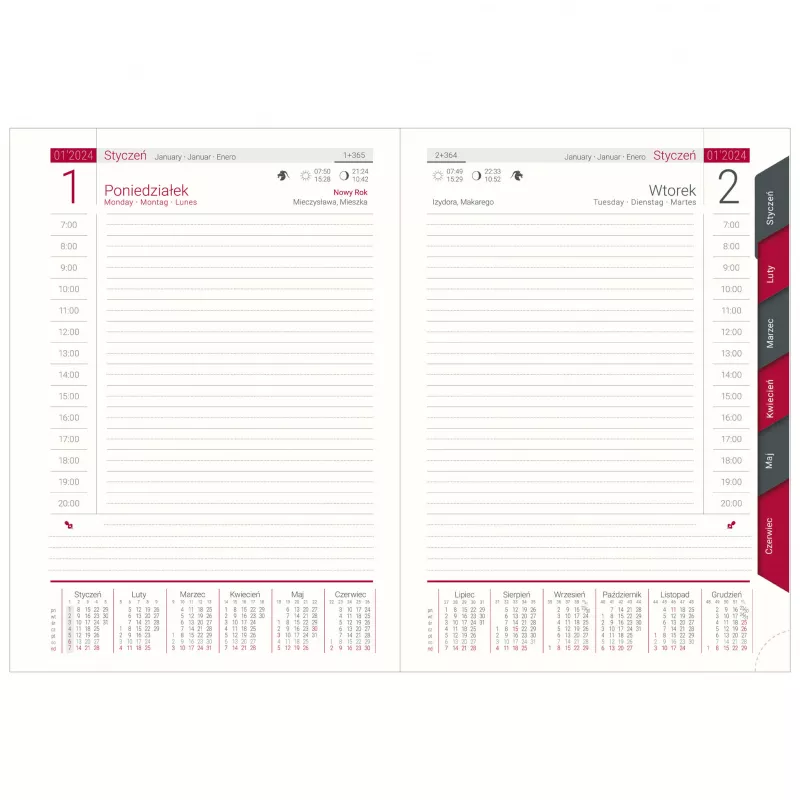Kalendarz książkowy A5, dzienny, z registrami VIVO - różne kolory (KK-BCV-405.RD.)