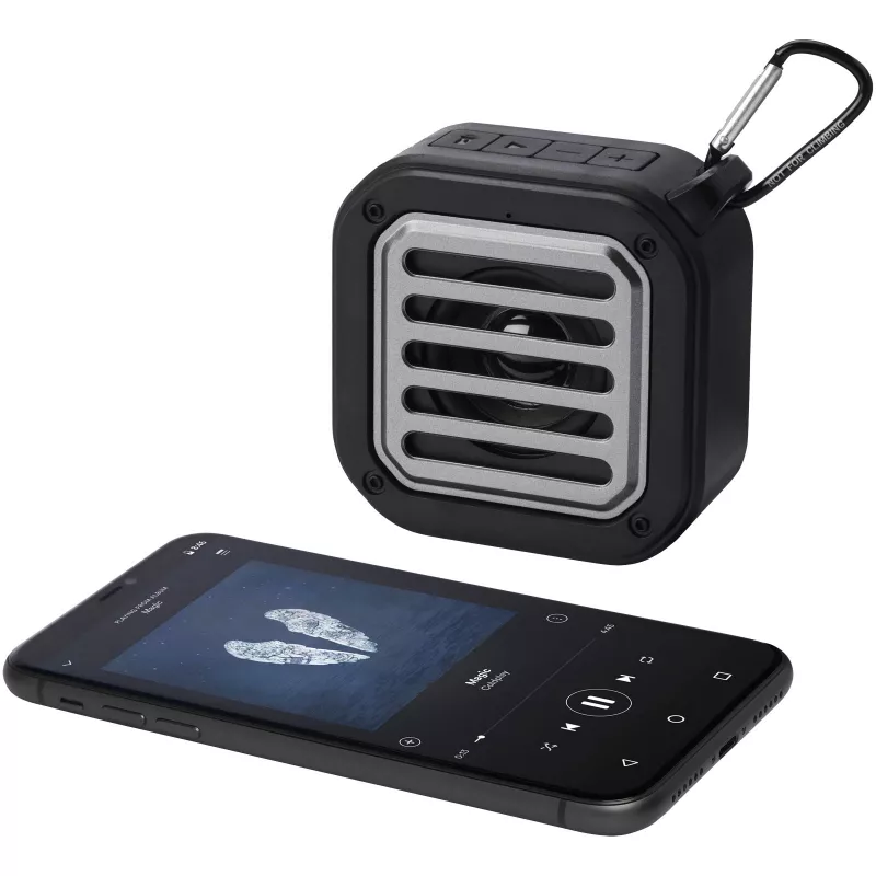 Solo plastikowy głośnik solarny Bluetooth® IPX5 o mocy 3 W z karabińczykiem wykonany z tworzywa pochodzącego z recyklingu z c - Czarny (12434790)