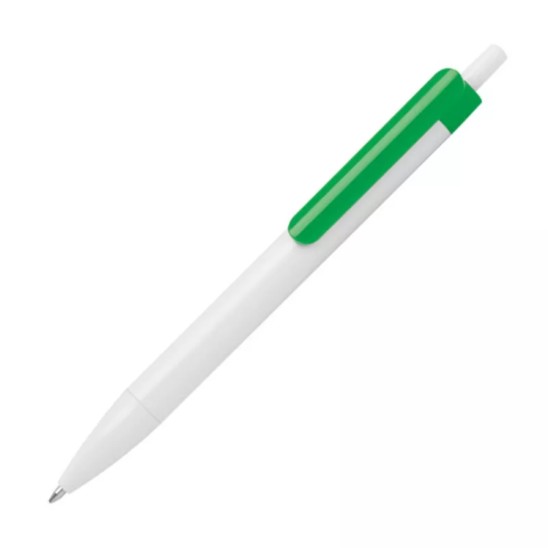 Biały długopis reklamowy z zielonym klipem idealny pod nadruk