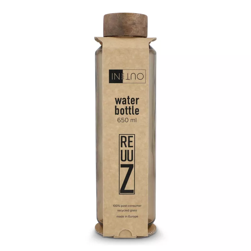 Butelka InSideOut z recyklingowanego szkła ReuuZ z drewnianym korkiem 650 ml - brązowy transparentny (LT57013-N0451)