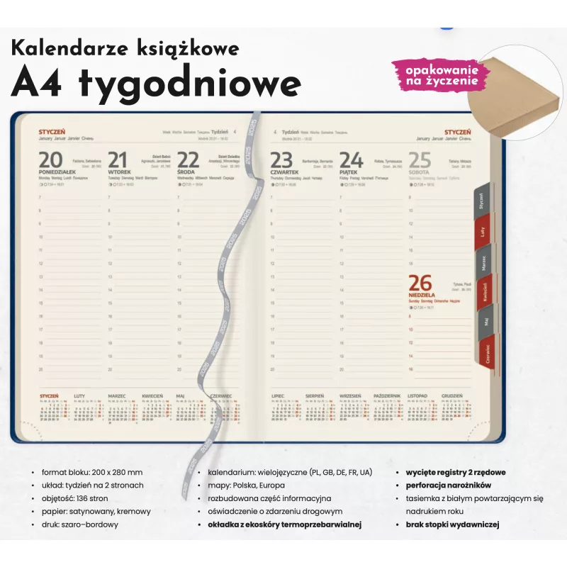 Kalendarz książkowy A4 TYGODNIOWY z registrami - Grafitowy (A4-TYG-KK55)