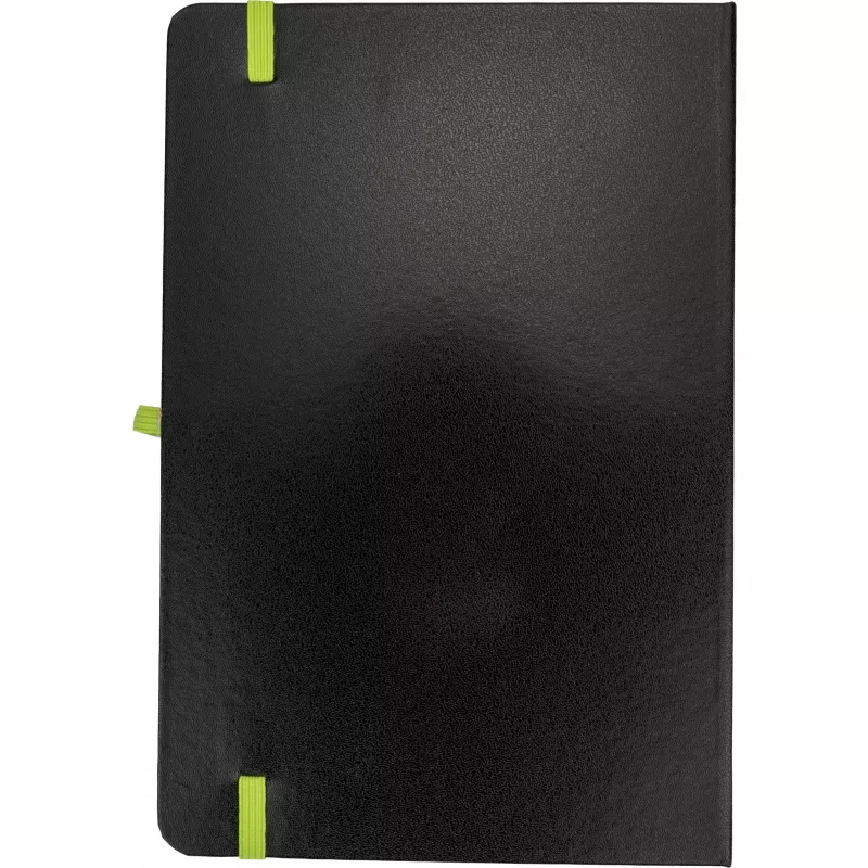 Czarny notes A5 z limonkową gumką i zakładką, krawędzie kartek limonkowe