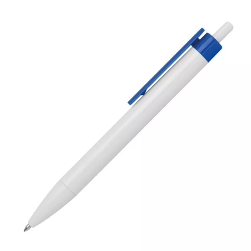 Biały długopis reklamowy z niebieski klipem idealny pod nadruk