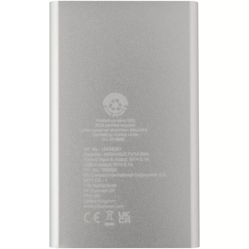 Pep powerbank o pojemności 4000 mAh Type-C z aluminium pochodzącego z recyklingu  - Srebrny (12438081)