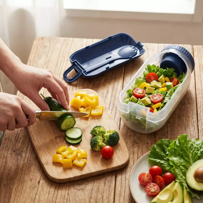 Pudełko na lunch z przegródką na sos, z łyżką i widelcem - ciemnoniebieski (LT90427-N0010)