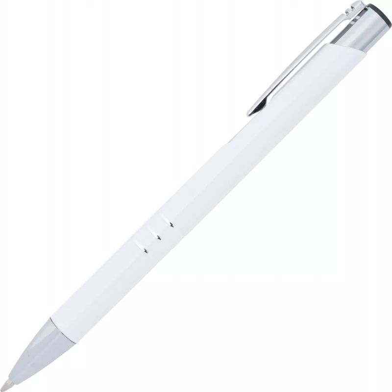 Biały długopis metalowy z trzema chromowanymi ringami idealne pod grawer reklamowy