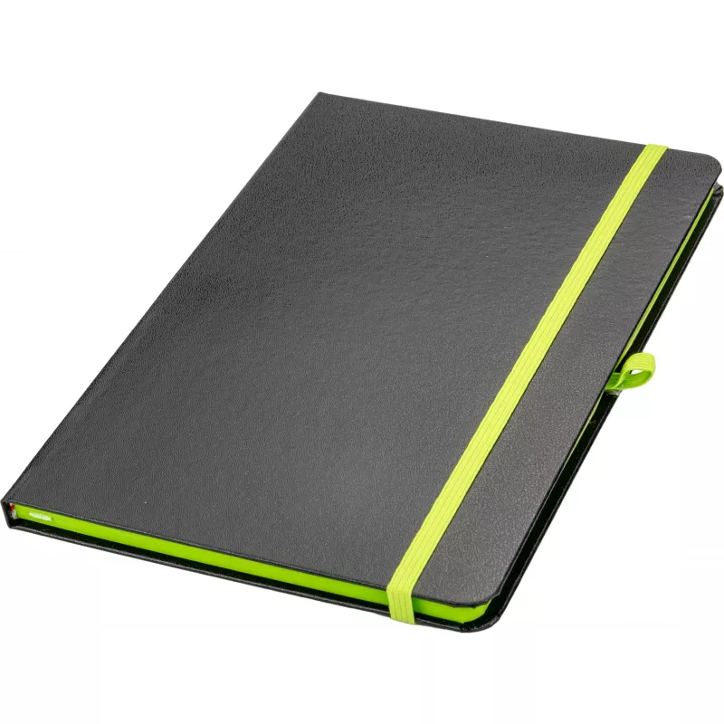 Czarny notes A5 z limonkową gumką i zakładką, krawędzie kartek limonkowe
